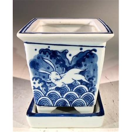 Paisaje Porcelain Bonsai Pot with Attached Humidity Drip Tray, Blue & White - Square PA2529757